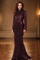 Hijab clothing PLUM BELTED DRAPED CHIFFON EVENING DRESS T 7325