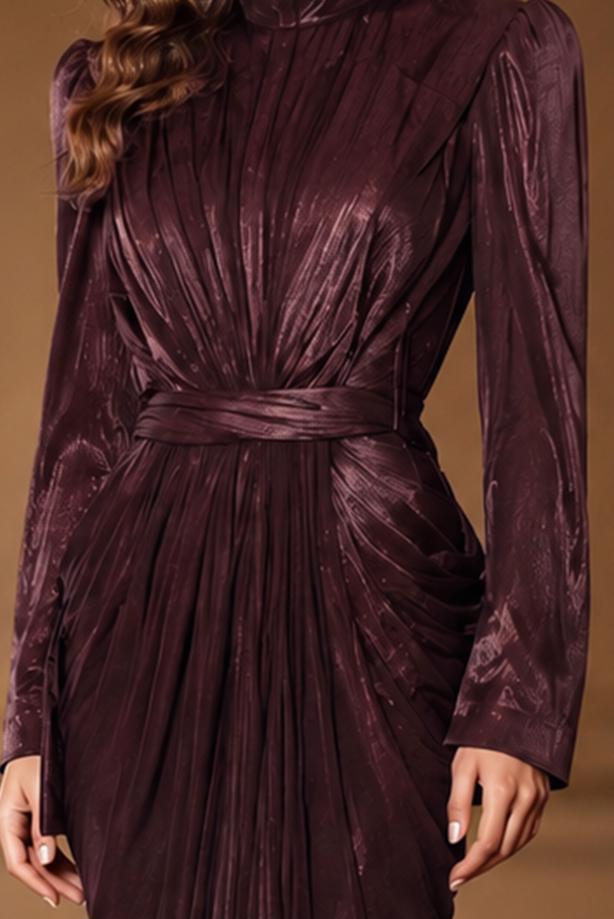 Hijab clothing PLUM BELTED DRAPED CHIFFON EVENING DRESS T 7325 - TRENDTESETTÜR