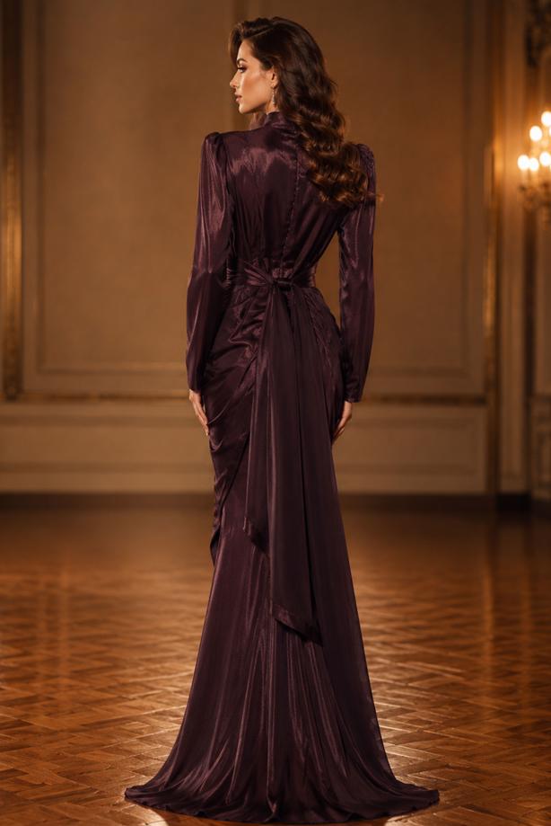 Hijab clothing PLUM BELTED DRAPED CHIFFON EVENING DRESS T 7325 - TRENDTESETTÜR