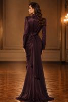 Hijab clothing PLUM BELTED DRAPED CHIFFON EVENING DRESS T 7325