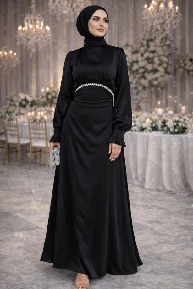 Vêtements hijab NOIR ROBE DE SOIRÉE EN SATIN NOUÉ T 7426 - TRENDTESETTÜR
