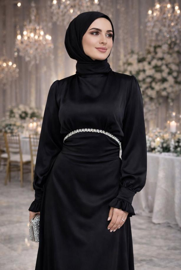 Vêtements hijab NOIR ROBE DE SOIRÉE EN SATIN NOUÉ T 7426 - TRENDTESETTÜR
