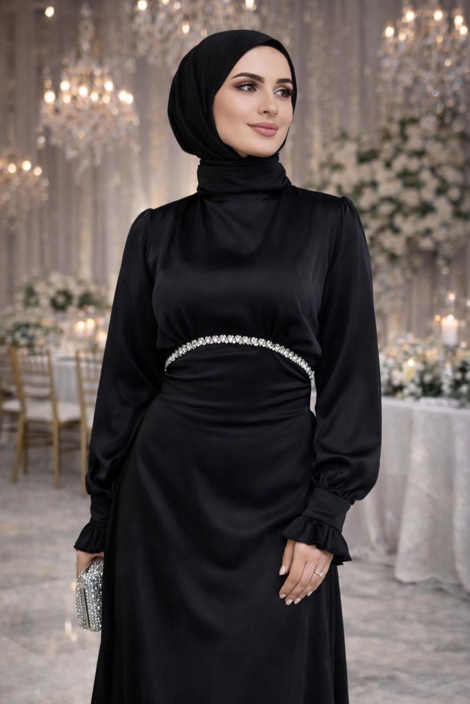 Vêtements hijab NOIR ROBE DE SOIRÉE EN SATIN NOUÉ T 7426