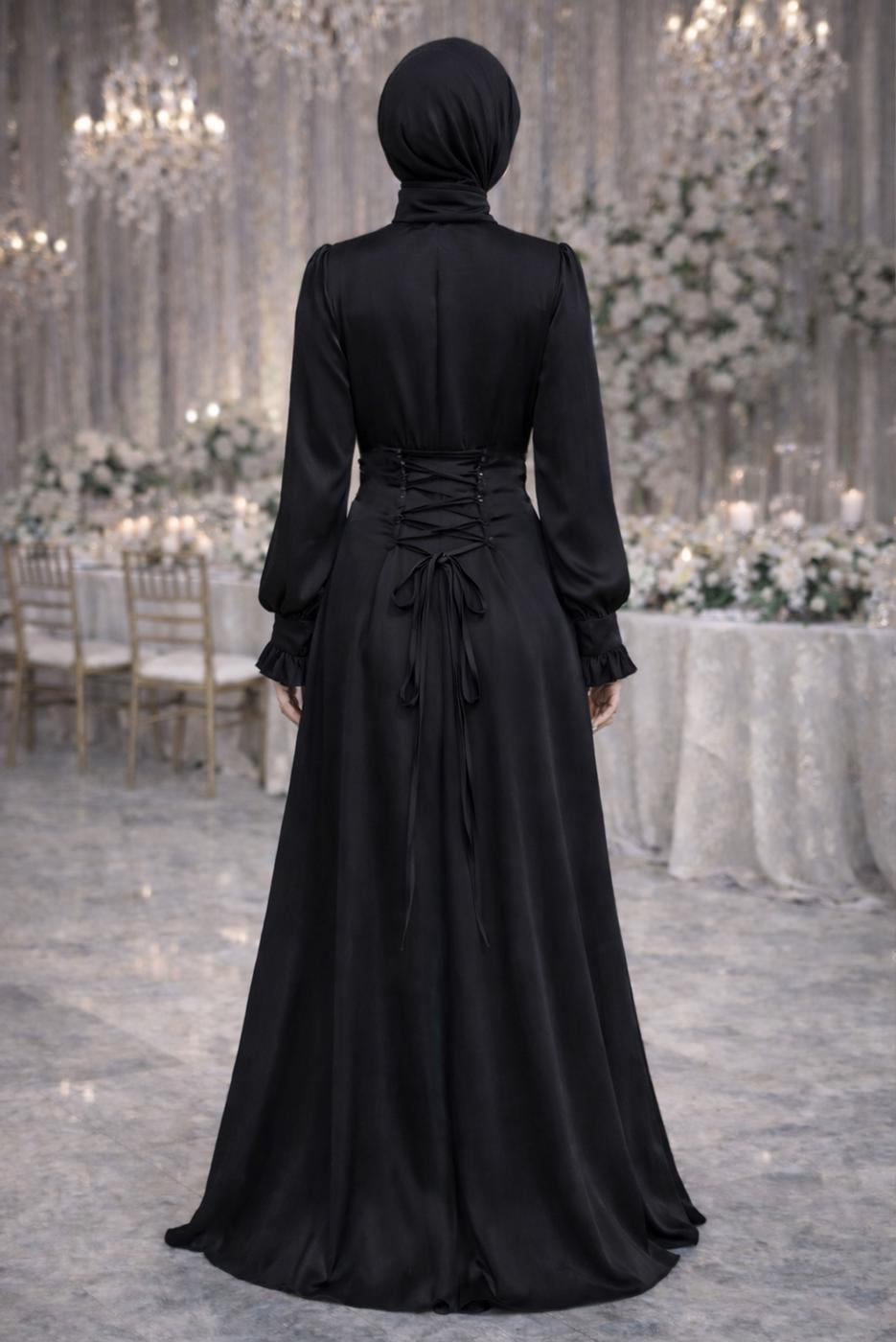 Vêtements hijab NOIR ROBE DE SOIRÉE EN SATIN NOUÉ T 7426