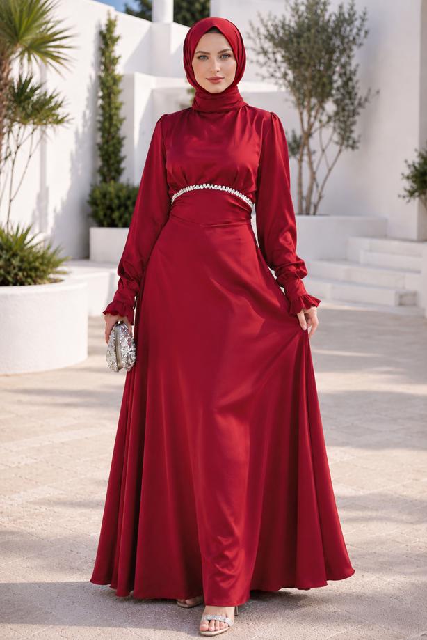 Hijab clothing RED TIED SATIN EVENING DRESS T 7426 - TRENDTESETTÜR