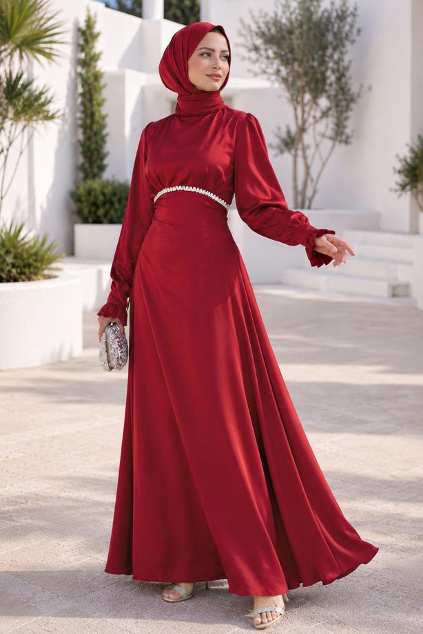 Hijab clothing RED TIED SATIN EVENING DRESS T 7426 - TRENDTESETTÜR