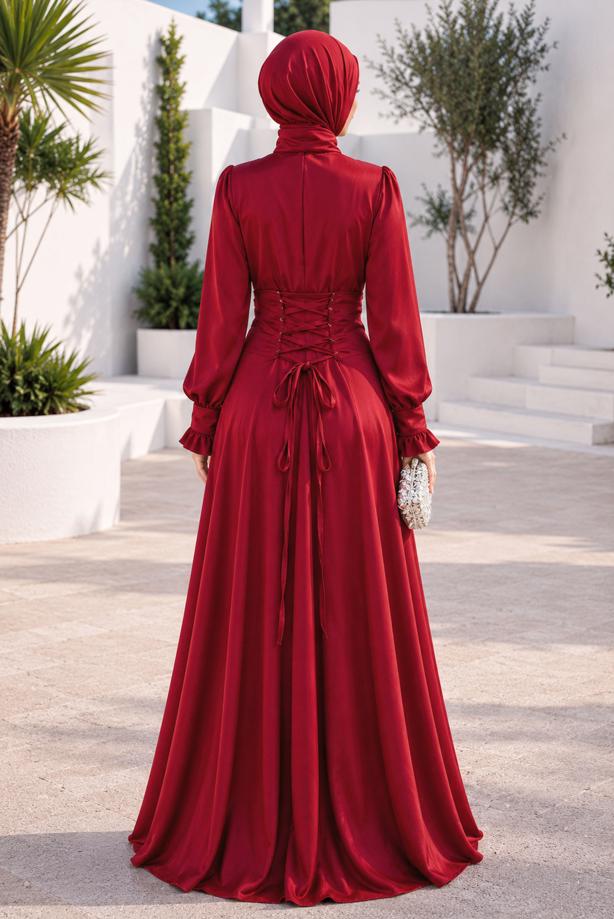 Hijab clothing RED TIED SATIN EVENING DRESS T 7426 - TRENDTESETTÜR