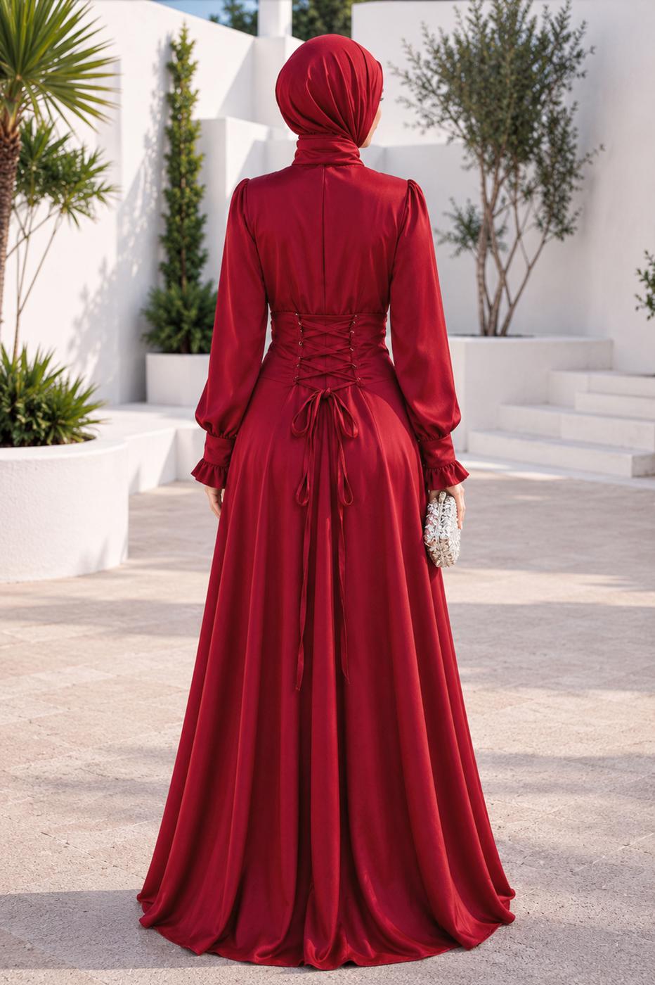 Hijab clothing RED TIED SATIN EVENING DRESS T 7426