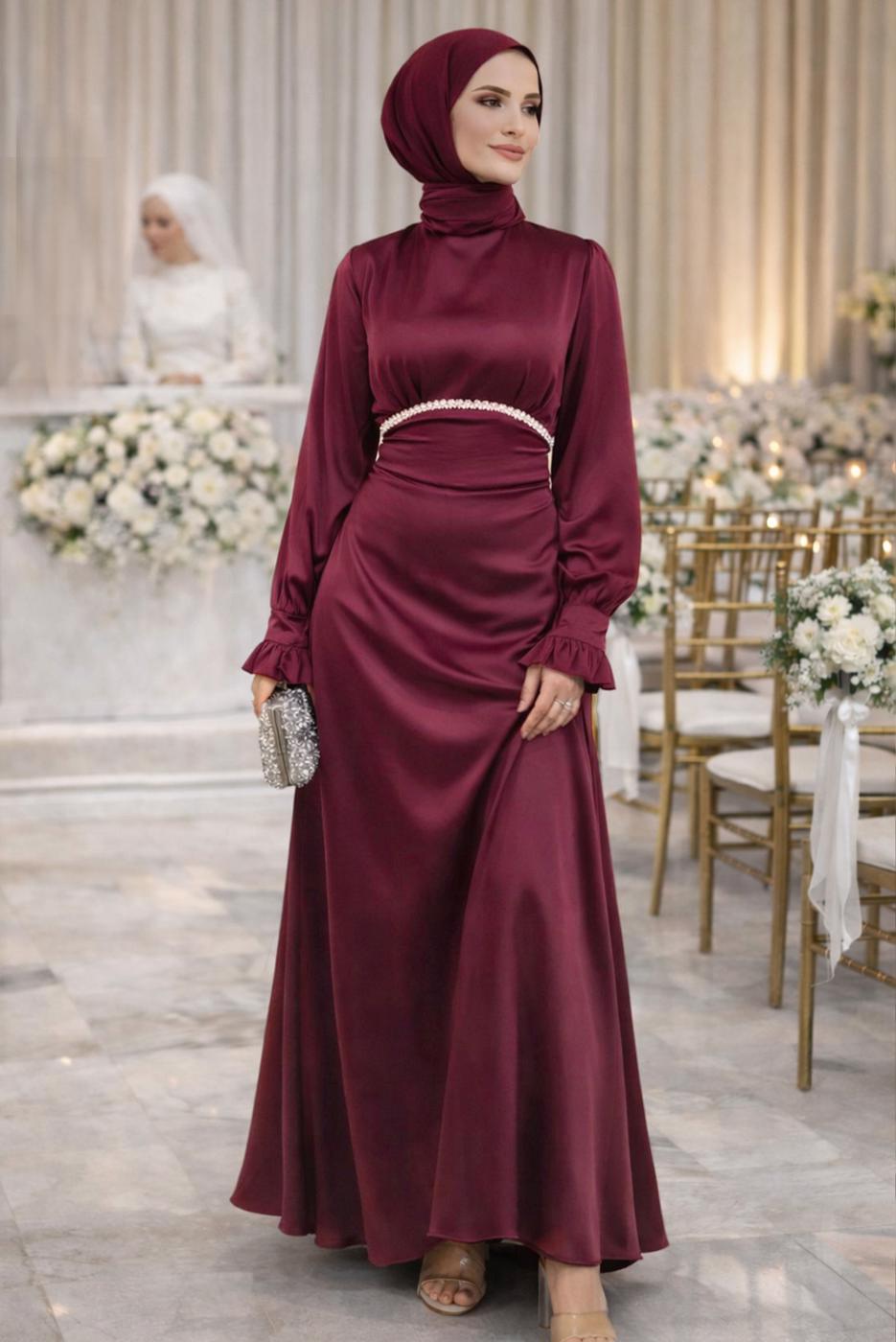 Vêtements hijab ROUGE BORDEAUX ROBE DE SOIRÉE EN SATIN NOUÉ T 7426