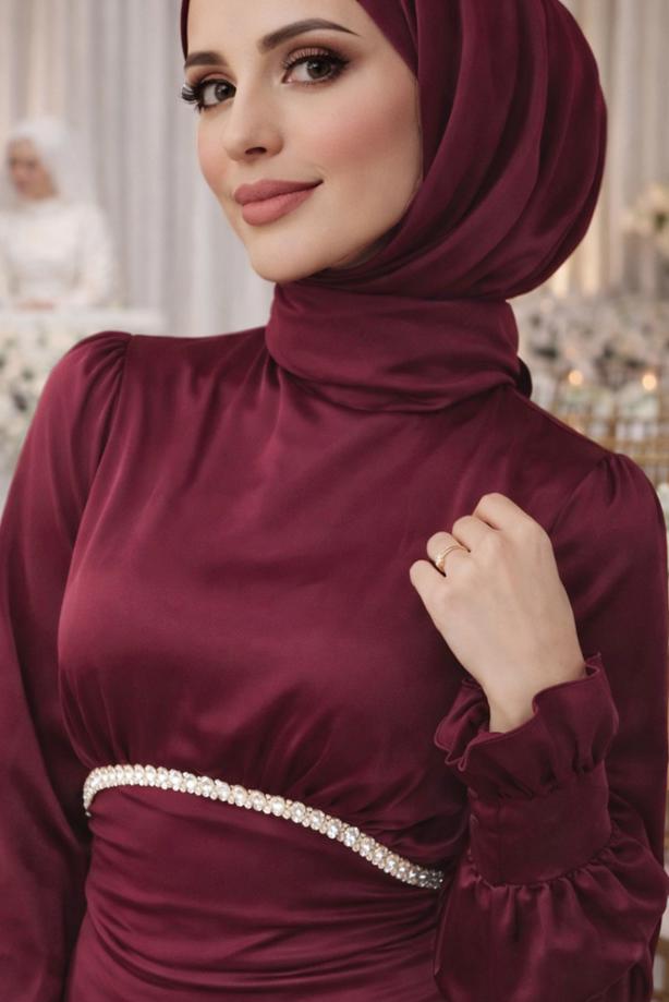 Vêtements hijab ROUGE BORDEAUX ROBE DE SOIRÉE EN SATIN NOUÉ T 7426 - TRENDTESETTÜR