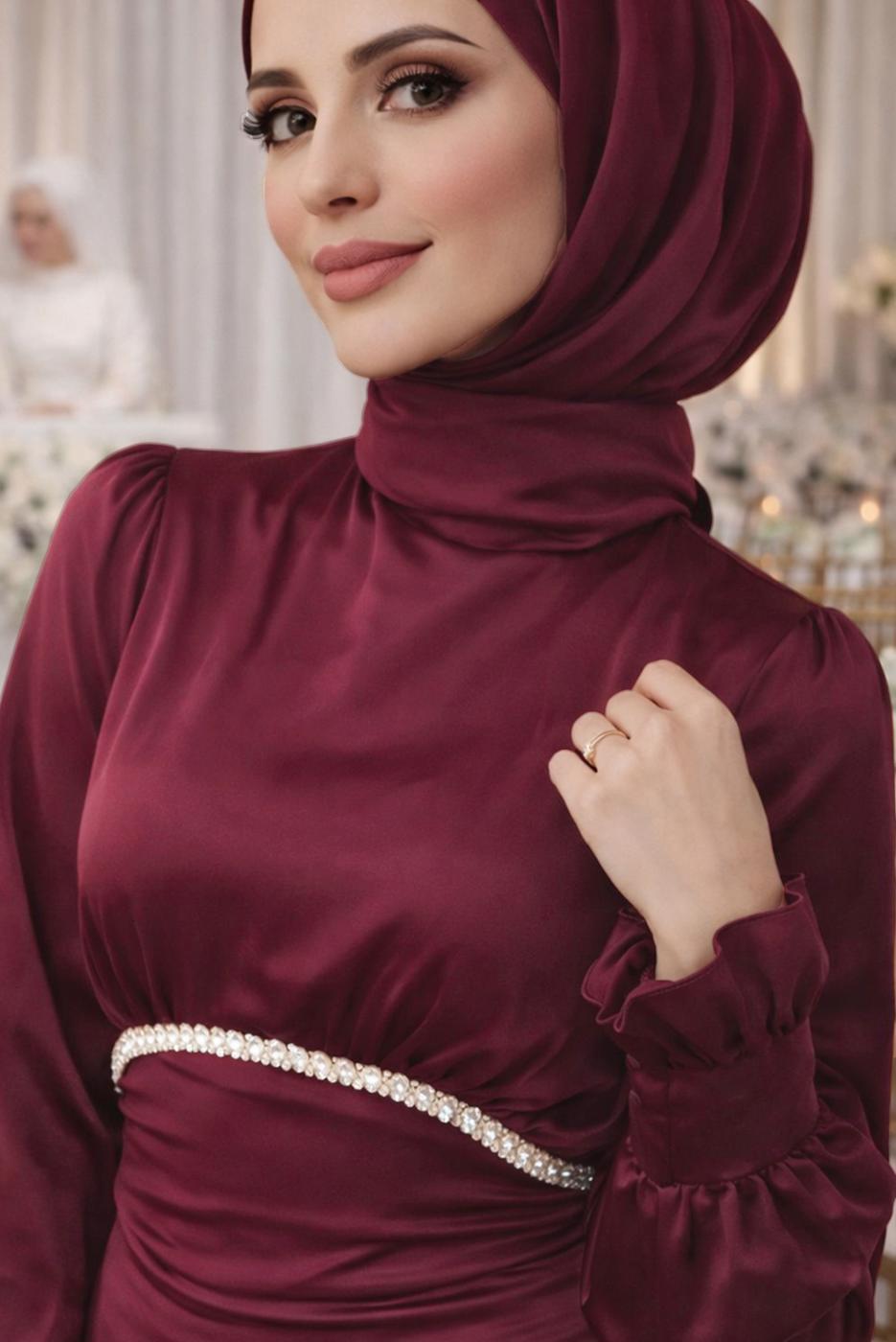 Vêtements hijab ROUGE BORDEAUX ROBE DE SOIRÉE EN SATIN NOUÉ T 7426