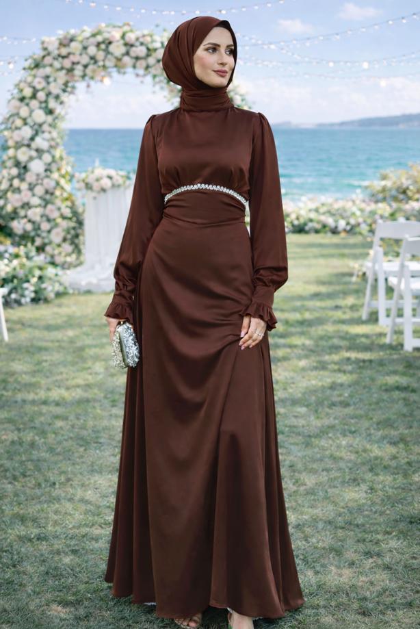 Vêtements hijab BRUN ROBE DE SOIRÉE EN SATIN NOUÉ T 7426 - TRENDTESETTÜR