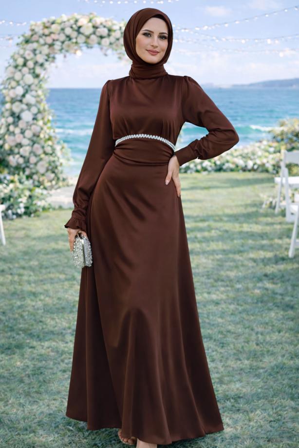 Vêtements hijab BRUN ROBE DE SOIRÉE EN SATIN NOUÉ T 7426 - TRENDTESETTÜR