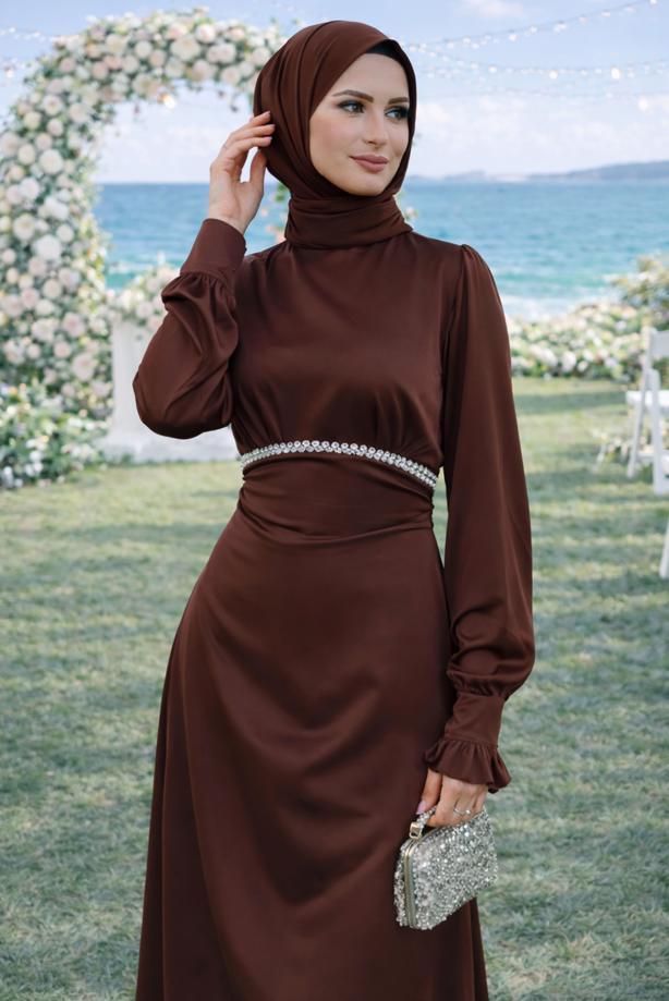 Hijab clothing BROWN TIED SATIN EVENING DRESS T 7426 - TRENDTESETTÜR