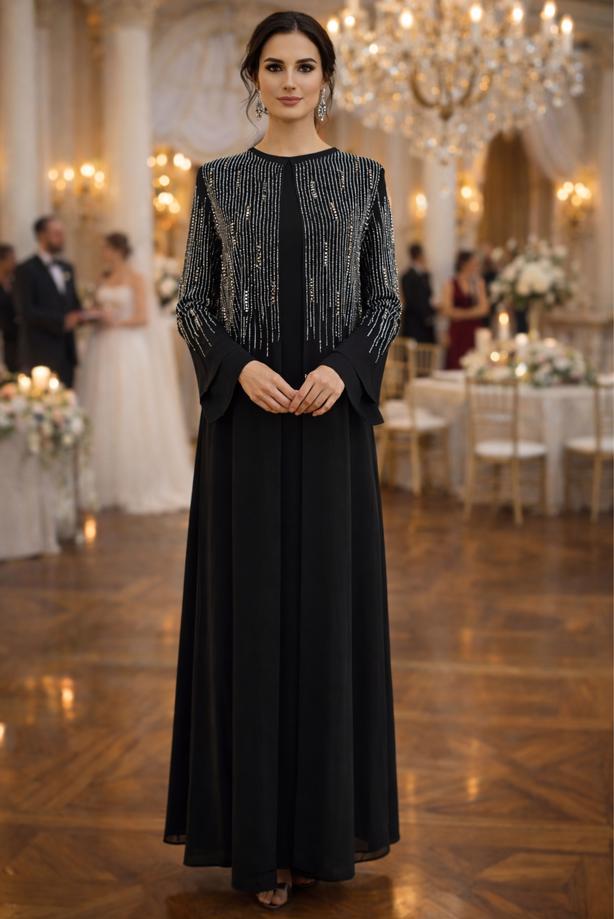 Tesettür giyim SİYAH TAŞ DETAYLI ABİYE ELBİSE T 7463 - TRENDTESETTÜR