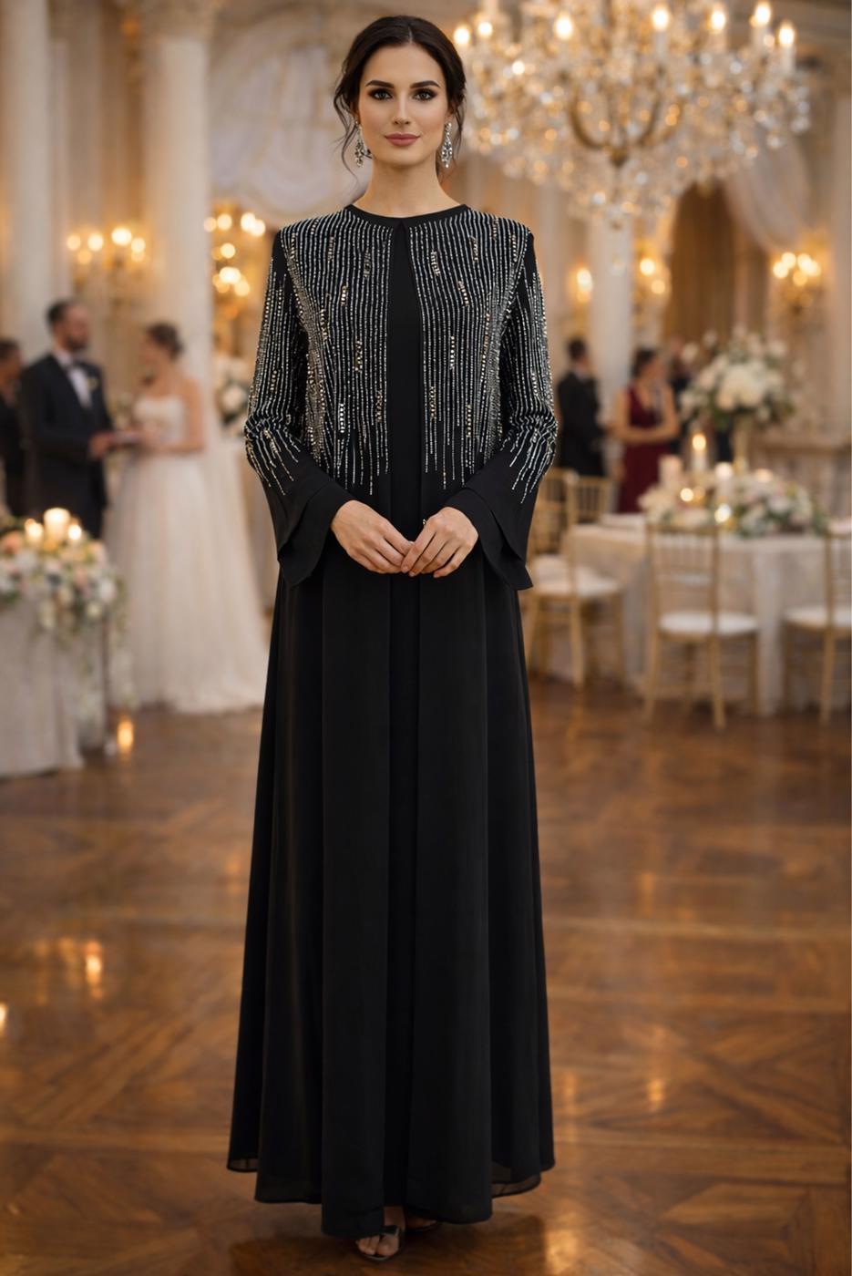 Tesettür giyim SİYAH TAŞ DETAYLI ABİYE ELBİSE T 7463