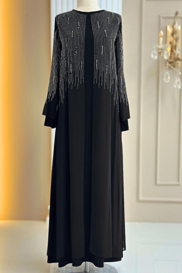 Tesettür giyim SİYAH TAŞ DETAYLI ABİYE ELBİSE T 7463 - TRENDTESETTÜR