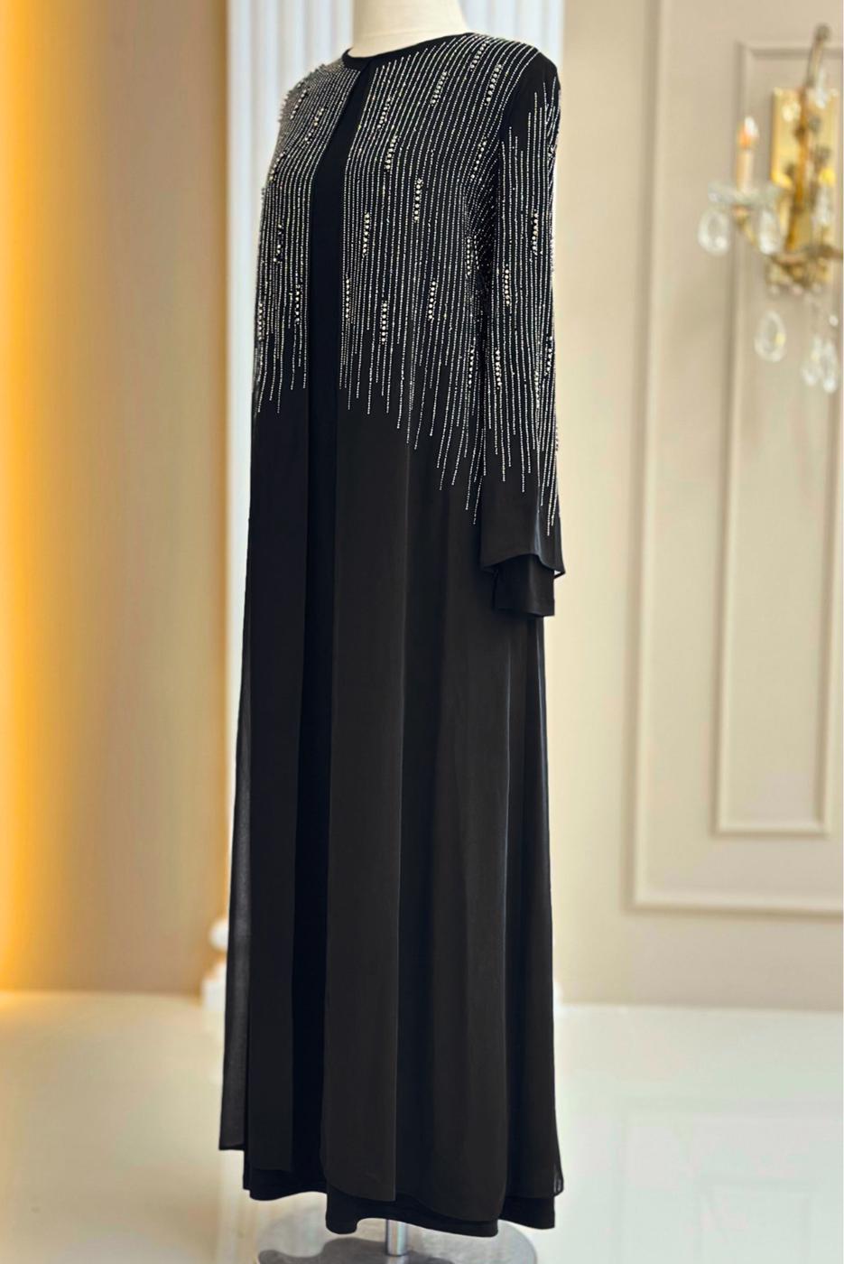 Tesettür giyim SİYAH TAŞ DETAYLI ABİYE ELBİSE T 7463