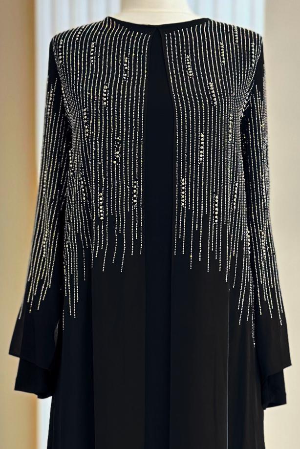 Tesettür giyim SİYAH TAŞ DETAYLI ABİYE ELBİSE T 7463 - TRENDTESETTÜR