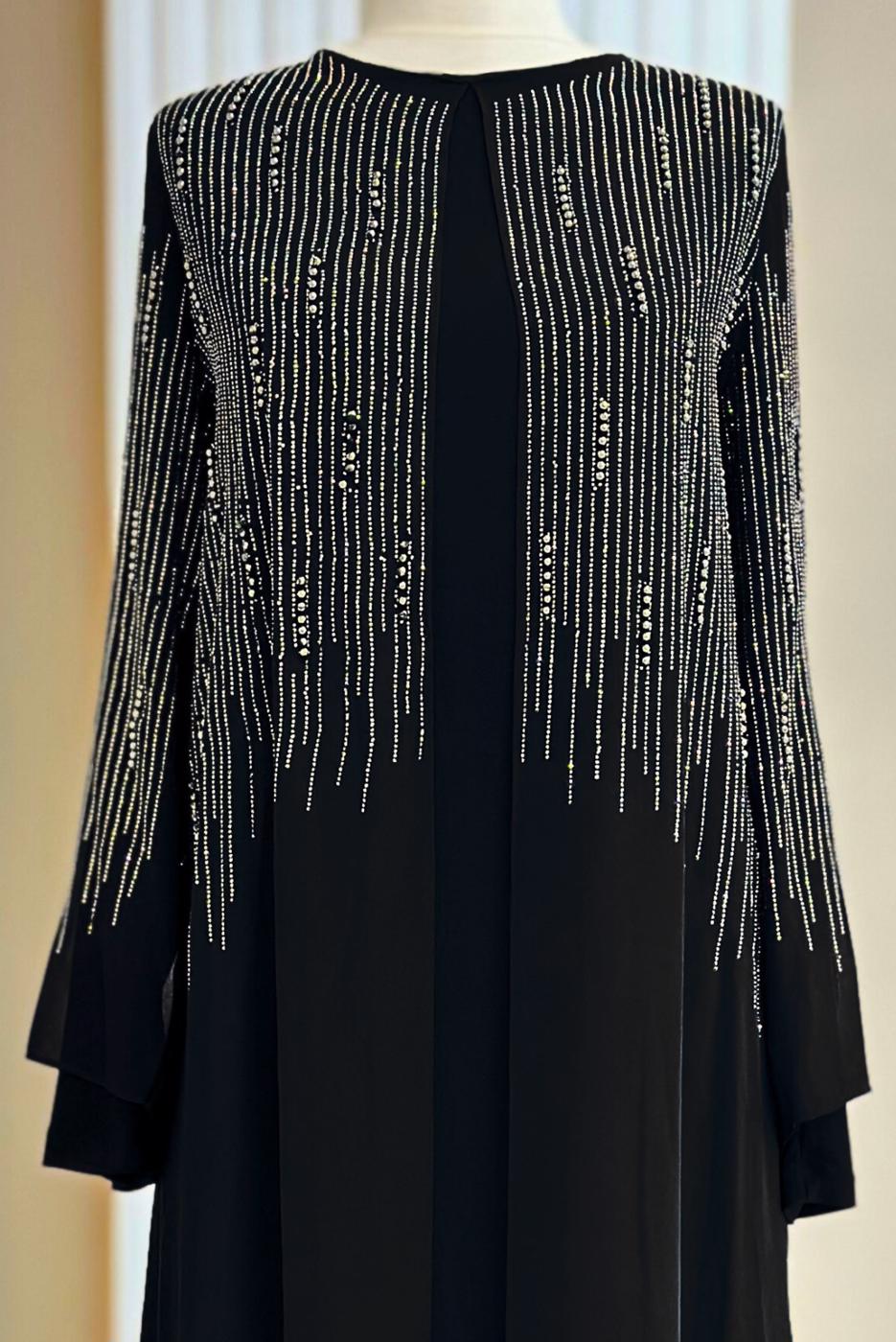 Tesettür giyim SİYAH TAŞ DETAYLI ABİYE ELBİSE T 7463