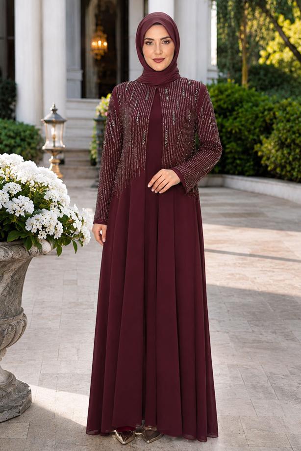 Tesettür giyim BORDO TAŞ DETAYLI ABİYE ELBİSE T 7463 - TRENDTESETTÜR