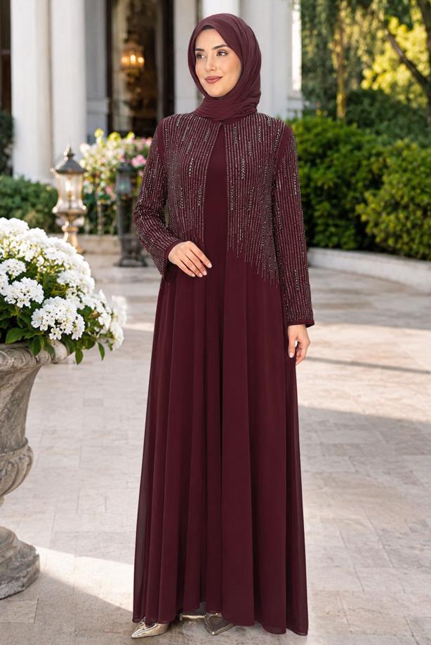Tesettür giyim BORDO TAŞ DETAYLI ABİYE ELBİSE T 7463 - TRENDTESETTÜR