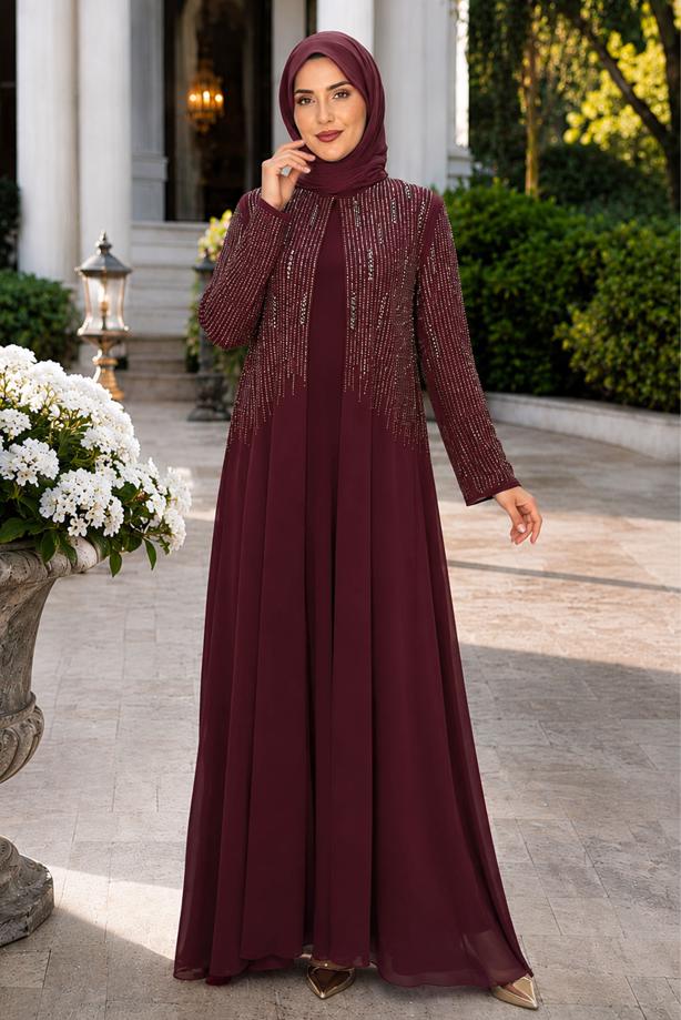Tesettür giyim BORDO TAŞ DETAYLI ABİYE ELBİSE T 7463 - TRENDTESETTÜR