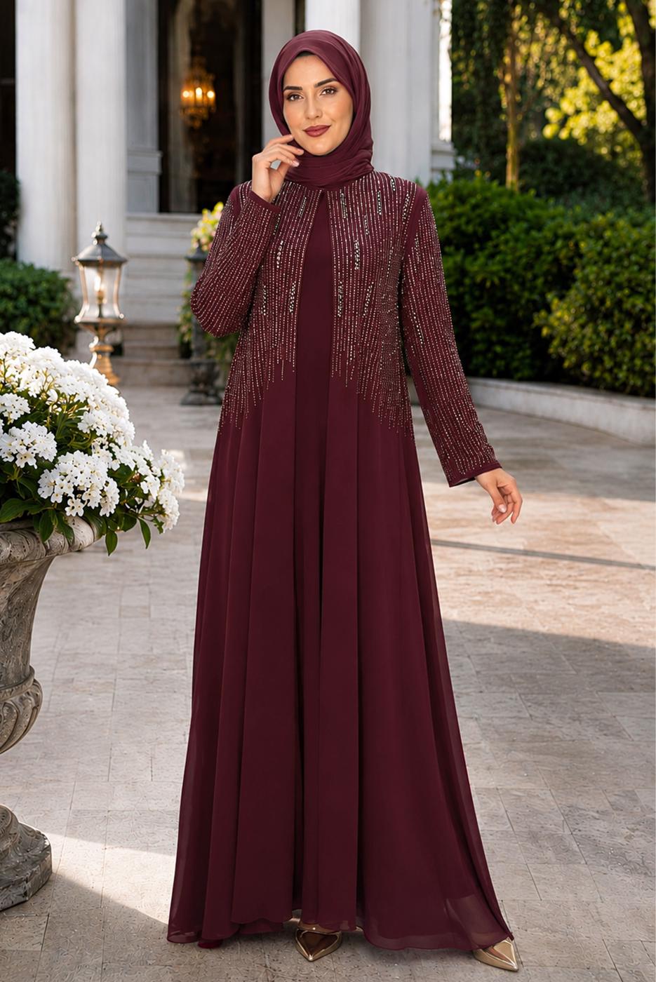 Tesettür giyim BORDO TAŞ DETAYLI ABİYE ELBİSE T 7463