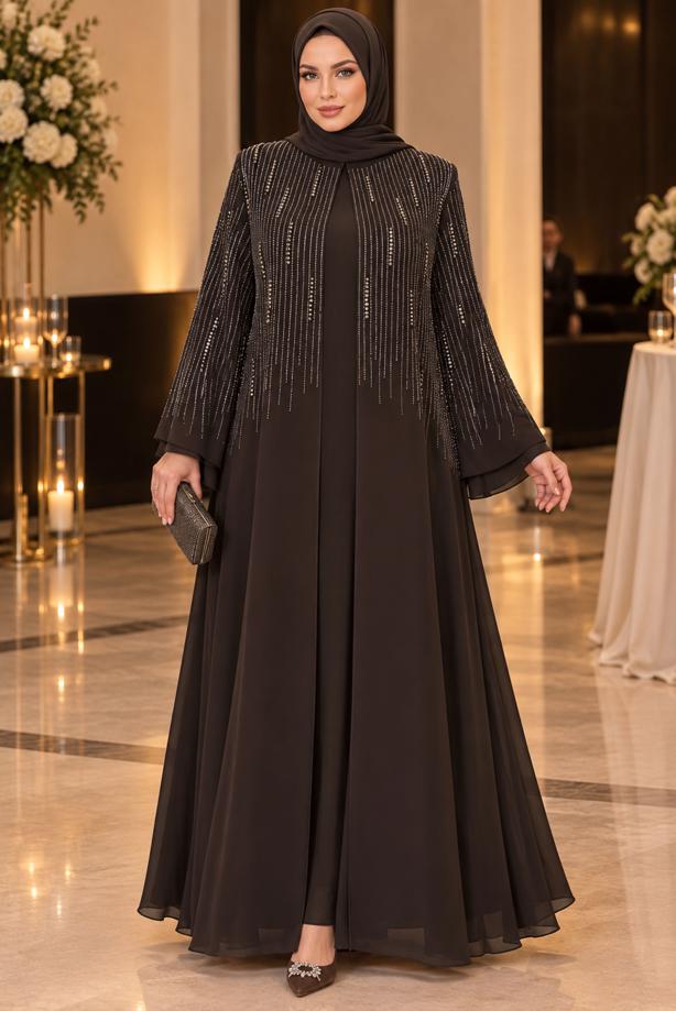 Vêtements hijab BRUN ROBE DE SOIRÉE DÉTAILLÉE DE GEMMES T 7463 - TRENDTESETTÜR