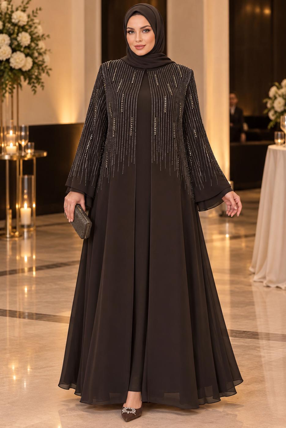 Vêtements hijab BRUN ROBE DE SOIRÉE DÉTAILLÉE DE GEMMES T 7463