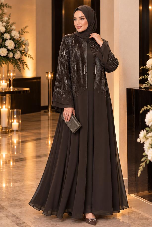 Vêtements hijab BRUN ROBE DE SOIRÉE DÉTAILLÉE DE GEMMES T 7463 - TRENDTESETTÜR