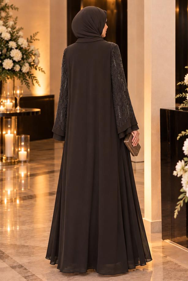 Vêtements hijab BRUN ROBE DE SOIRÉE DÉTAILLÉE DE GEMMES T 7463 - TRENDTESETTÜR