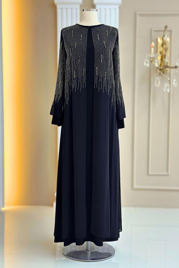 Vêtements hijab BLEU MARINE ROBE DE SOIRÉE DÉTAILLÉE DE GEMMES T 7463 - TRENDTESETTÜR