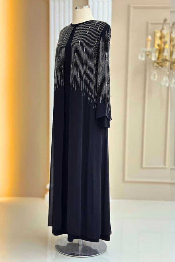 Vêtements hijab BLEU MARINE ROBE DE SOIRÉE DÉTAILLÉE DE GEMMES T 7463 - TRENDTESETTÜR