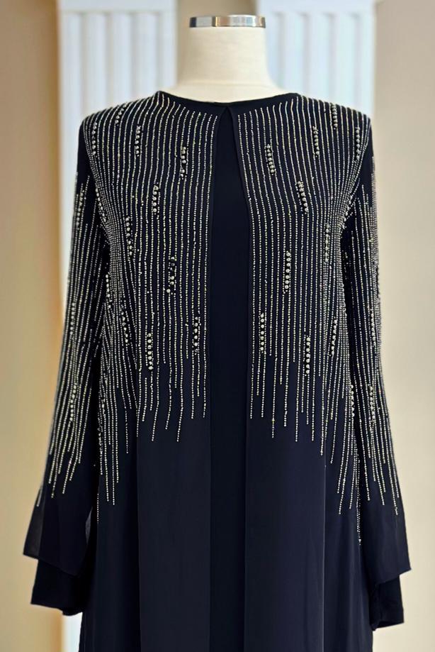 Vêtements hijab BLEU MARINE ROBE DE SOIRÉE DÉTAILLÉE DE GEMMES T 7463 - TRENDTESETTÜR