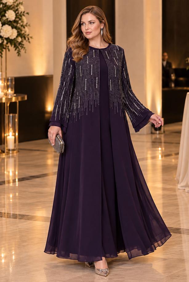 Vêtements hijab PRUNE ROBE DE SOIRÉE DÉTAILLÉE DE GEMMES T 7463 - TRENDTESETTÜR