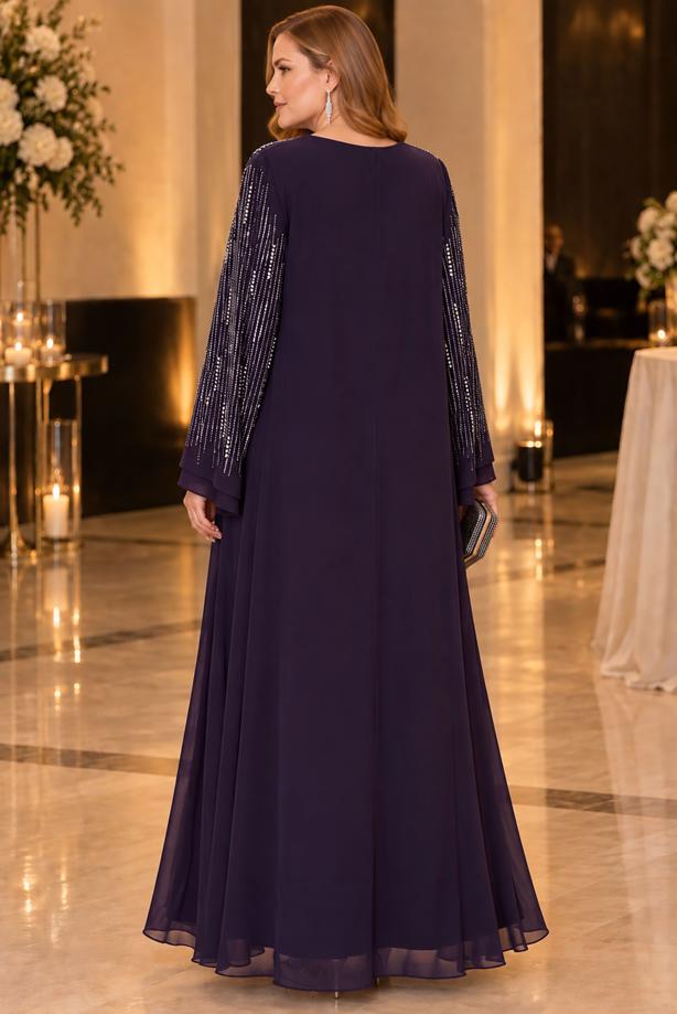 Vêtements hijab PRUNE ROBE DE SOIRÉE DÉTAILLÉE DE GEMMES T 7463 - TRENDTESETTÜR