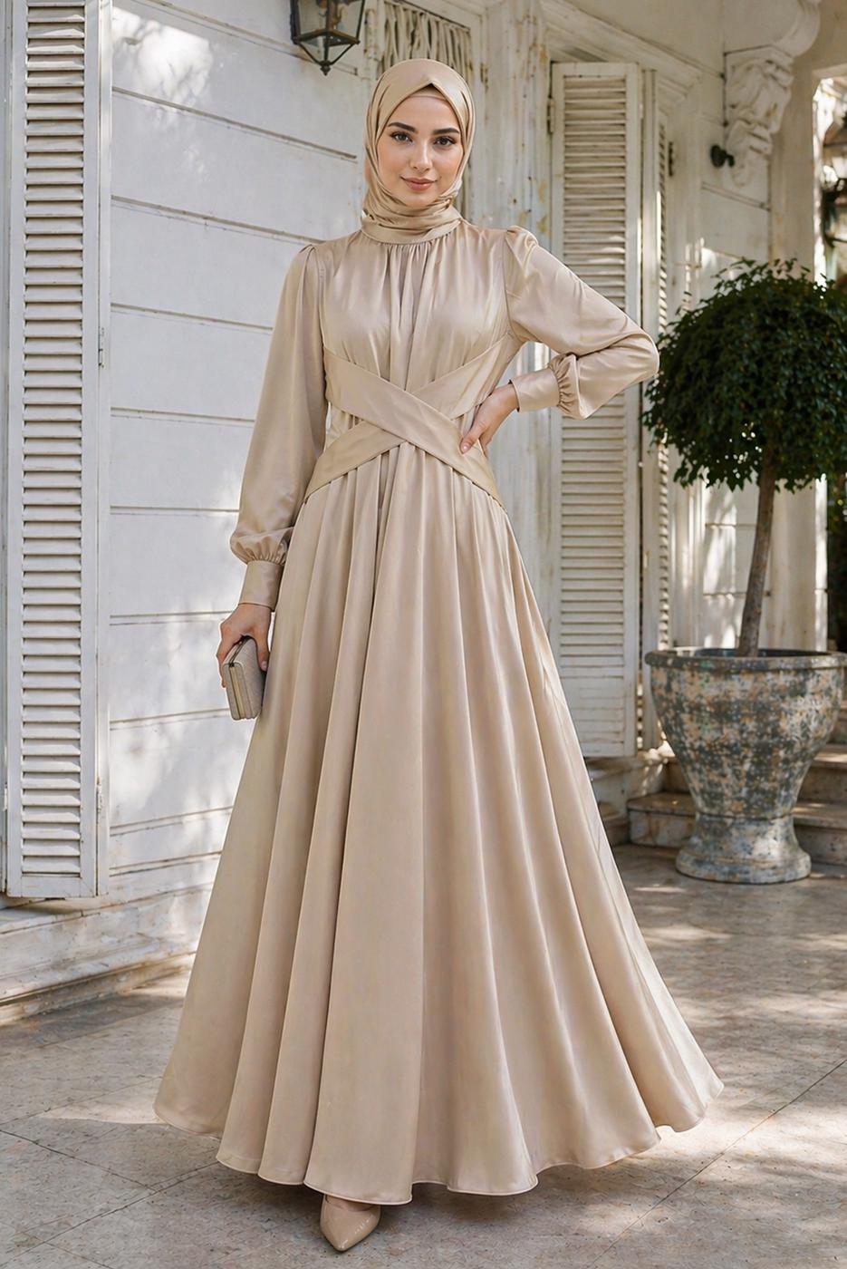 Tesettür giyim BEJ KUŞAKLI SATEN ABİYE ELBİSE T 7926