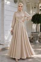 Tesettür giyim BEJ KUŞAKLI SATEN ABİYE ELBİSE T 7926