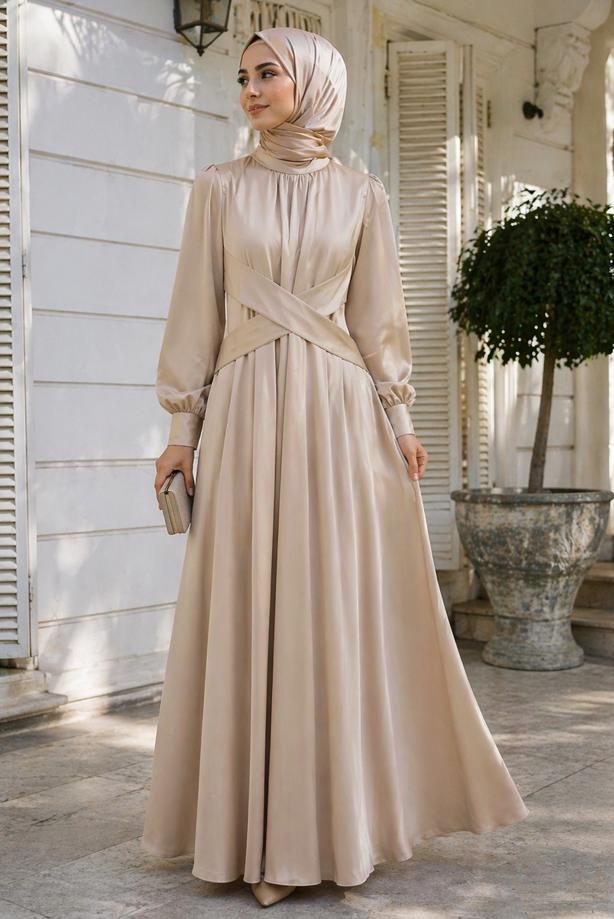 Tesettür giyim BEJ KUŞAKLI SATEN ABİYE ELBİSE T 7926 - TRENDTESETTÜR