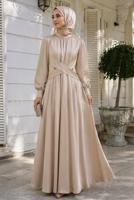 Tesettür giyim BEJ KUŞAKLI SATEN ABİYE ELBİSE T 7926