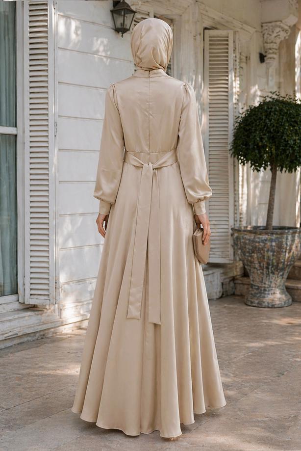 Tesettür giyim BEJ KUŞAKLI SATEN ABİYE ELBİSE T 7926 - TRENDTESETTÜR