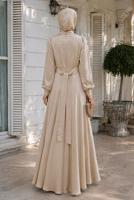 Tesettür giyim BEJ KUŞAKLI SATEN ABİYE ELBİSE T 7926