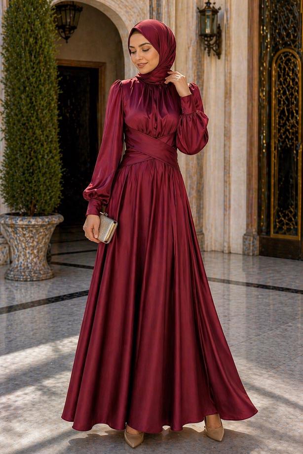Tesettür giyim BORDO KUŞAKLI SATEN ABİYE ELBİSE T 7926 - TRENDTESETTÜR