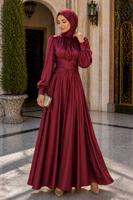 Tesettür giyim BORDO KUŞAKLI SATEN ABİYE ELBİSE T 7926