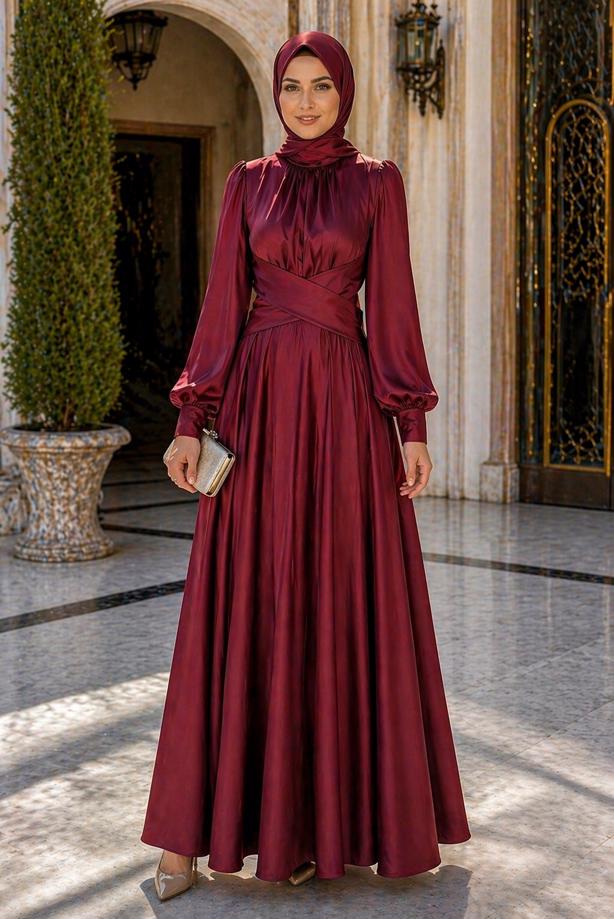 Tesettür giyim BORDO KUŞAKLI SATEN ABİYE ELBİSE T 7926 - TRENDTESETTÜR