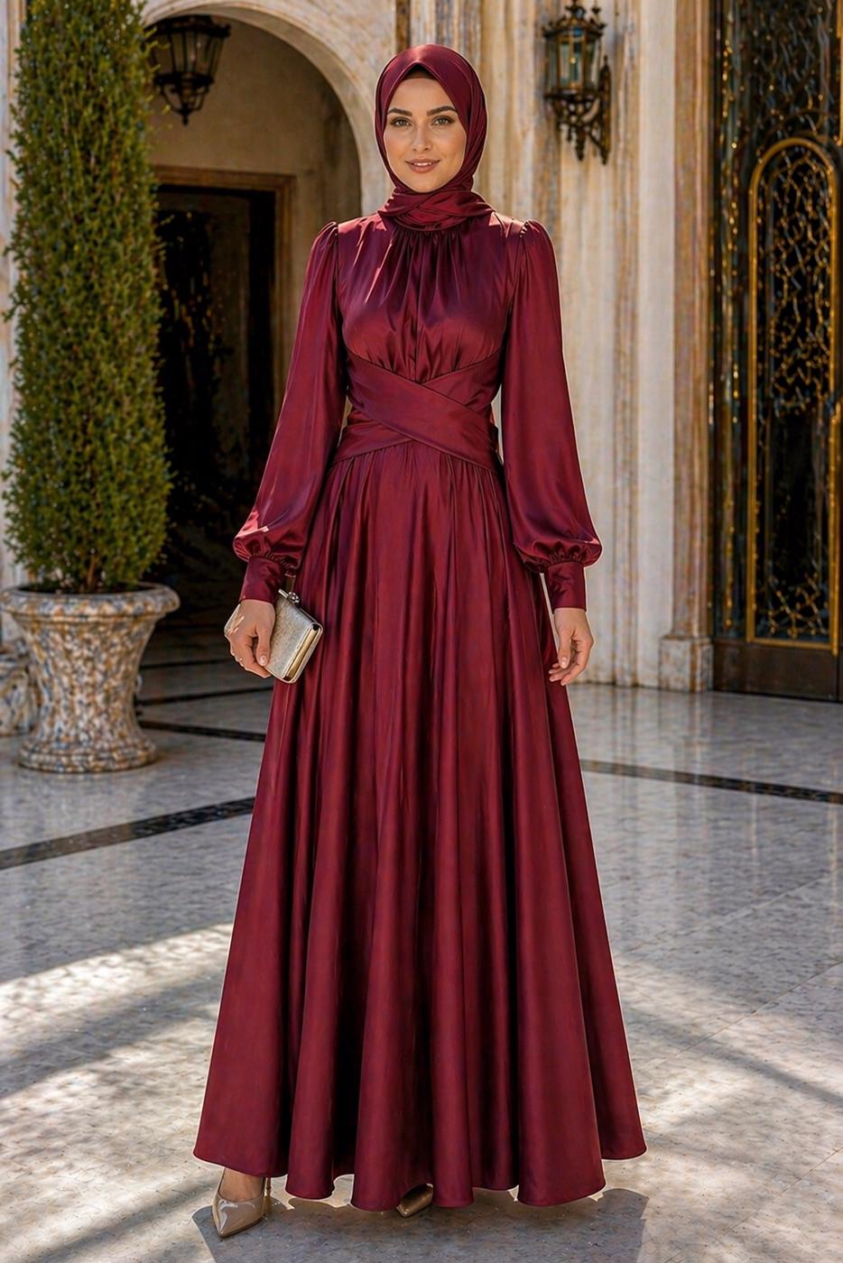 Tesettür giyim BORDO KUŞAKLI SATEN ABİYE ELBİSE T 7926