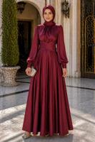 Tesettür giyim BORDO KUŞAKLI SATEN ABİYE ELBİSE T 7926