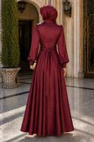 Tesettür giyim BORDO KUŞAKLI SATEN ABİYE ELBİSE T 7926