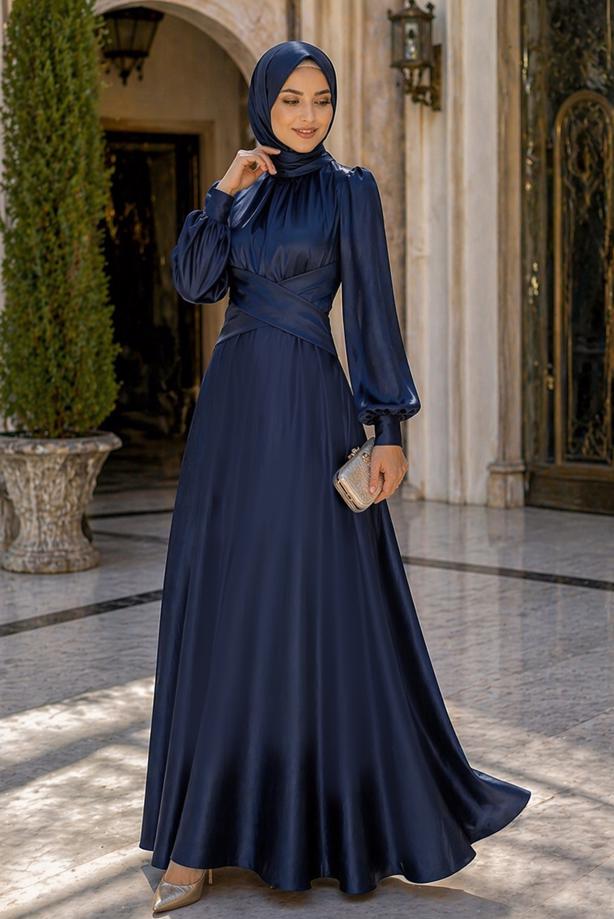 Tesettür giyim LACİVERT KUŞAKLI SATEN ABİYE ELBİSE T 7926 - TRENDTESETTÜR